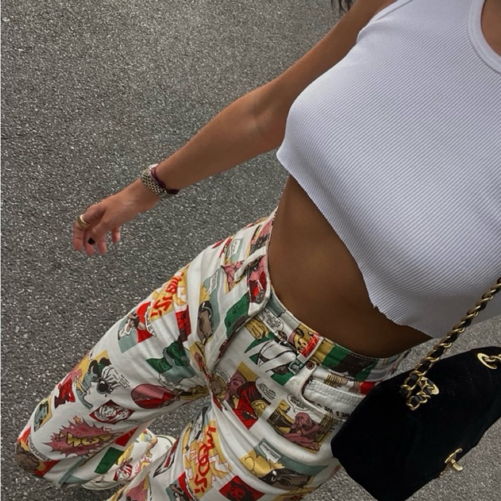 Comic Print High Rise Straight Long Jeans